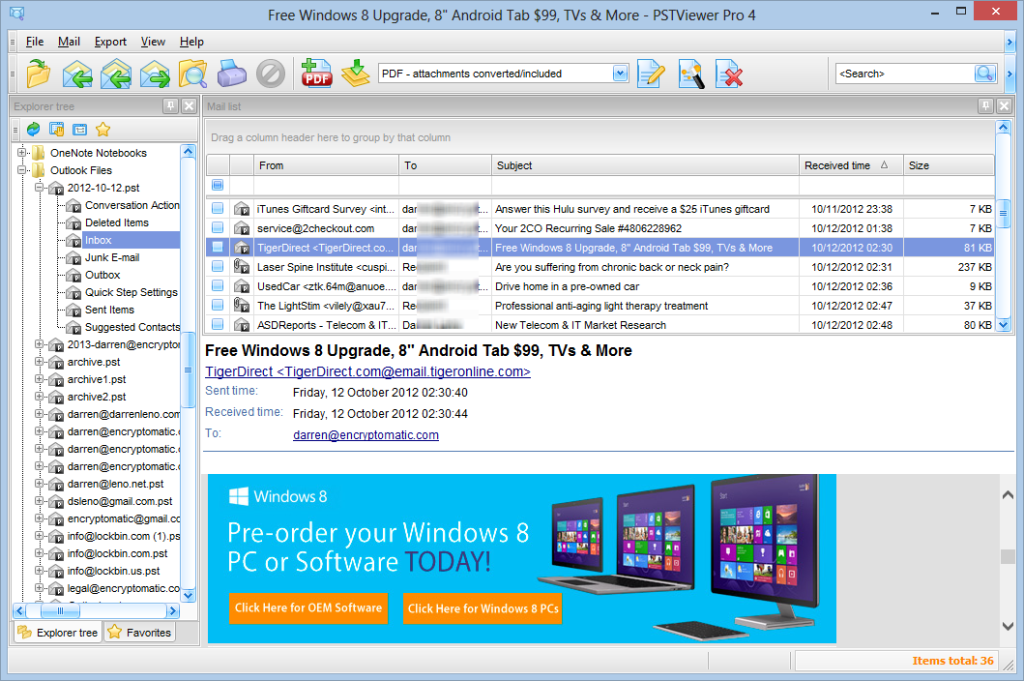 Convenience of working with mail and attachments in Encryptomatic PSTViewer Pro